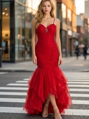 Red Spaghetti-Strap Mermaid Evening Dress